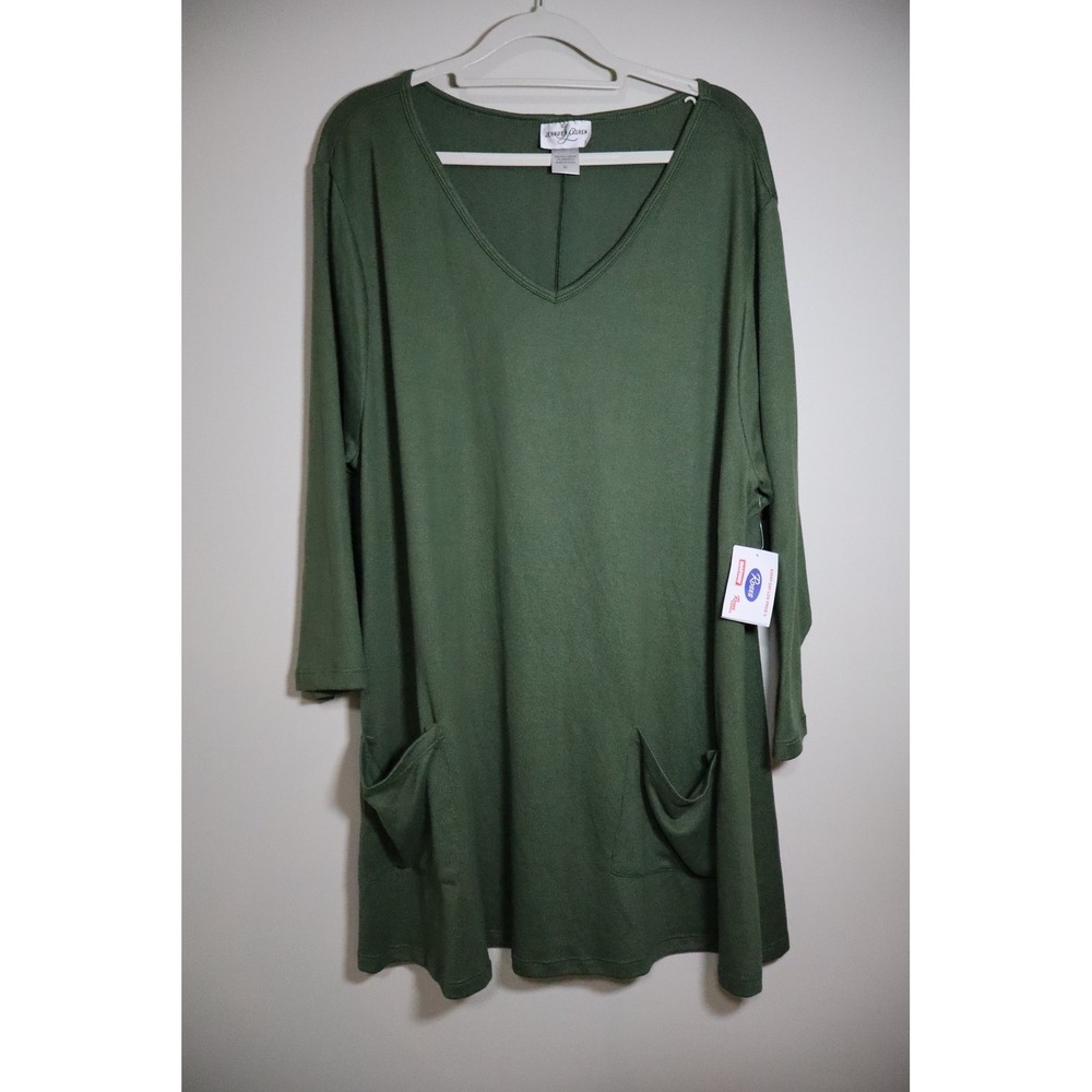 Casual Minimalist Jennifer Lauren Tunic Top XL Green V-Neck Pocket Long Sleeve